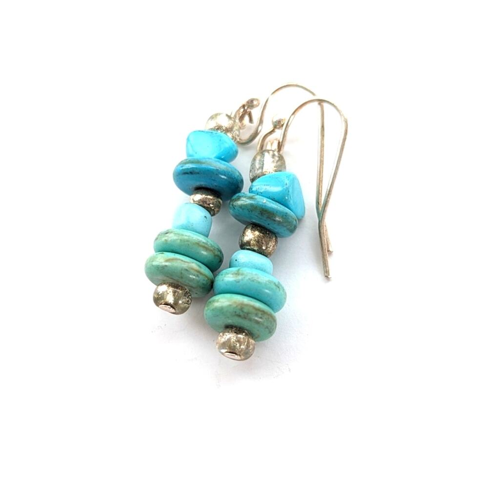 Silver Tone Dyed Howlite Faux Turquoise Southwestern Beaded Hook Boho Earrings